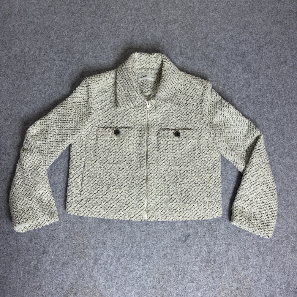 MIXXO Womens Cropped Tweed Jacket Cream Black Boucle Full Zip Collared Size S